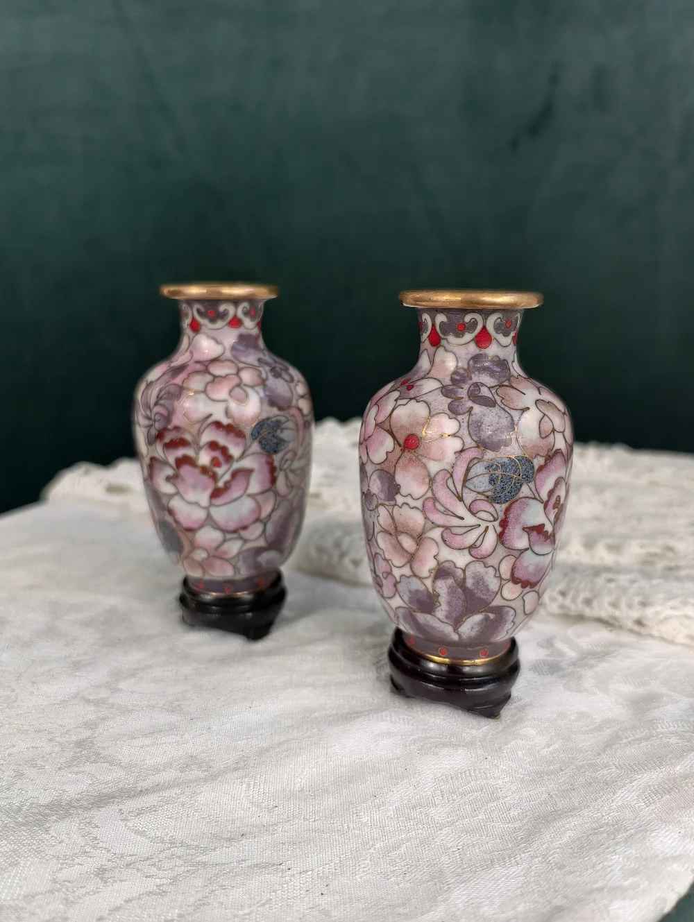 Vintage Cloisonné Floral Mini Pink Vases pair - Picture 1 of 5